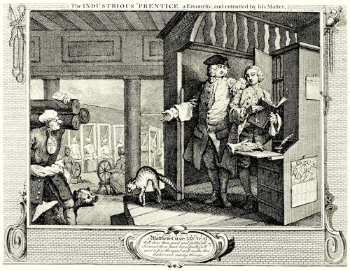 Hogarth, William: Folge »Flei� und Faulheit«, Viertes Blatt: Der Flei�ige, der Liebling seines Prinzipals und im Besitz von dessen Vertrauen