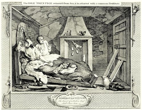 Hogarth, William: Folge »Flei� und Faulheit«, Siebentes Blatt: Der Faule, von seinem Dienst zur See zur�ckgekehrt und eine Dachkammer mit einer gemeinen Prostituierten teilend