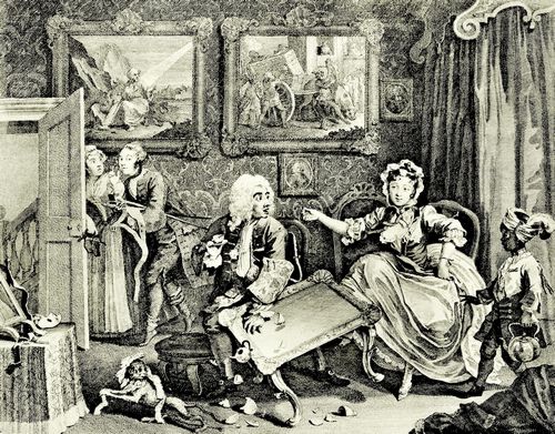Hogarth, William: Folge »Das Leben einer Dirne«, Zweites Blatt: Moll streitet mit ihrem j�dischen Besch�tzer