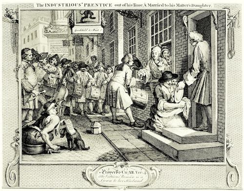 Hogarth, William: Folge »Flei� und Faulheit«, Sechtes Blatt. Der Flei�ige, nach beendeter Lehrzeit verm�hlt mit der Tochter seines Prinzipals