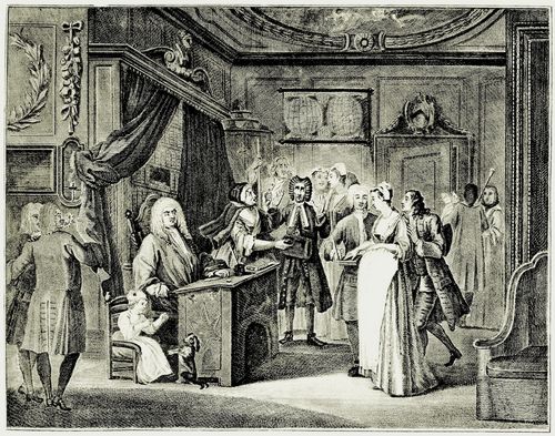 Hogarth, William: Eine junge Frau bezichtigt einen ehrbaren B�rger, der Vater ihres Kindes zu sein