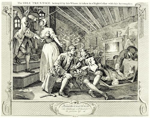 Hogarth, William: Folge »Flei� und Faulheit«, Neuntes Blatt: Der Faule, von seiner Hure betrogen, sitzt mit seinem Kumpan in einem Nachtlokal