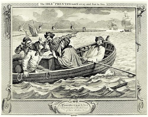 Hogarth, William: Folge »Flei� und Faulheit«, F�nftes Blatt: Der Faule, weggejagt und auf die See geschickt
