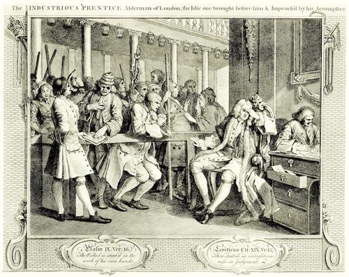 Hogarth, William: Folge »Flei� und Faulheit«, Zehntes Blatt: Der Flei�ige, nunmehr Ratsherr von London, empf�ngt den Faulen und seinen Ankl�ger