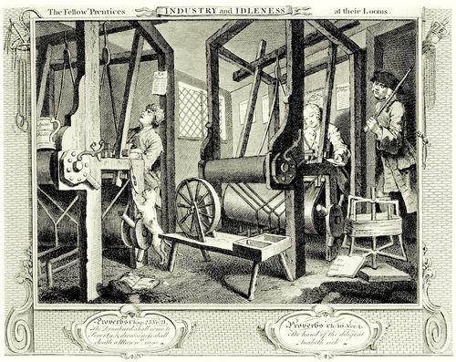 Hogarth, William: Folge »Flei� und Faulheit«, Erstes Blatt: Die beiden Lehrlinge an ihren Webst�hlen