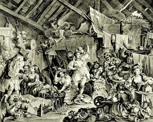 Hogarth, William: Wanderkom�diantinnen beim Anziehen in der Scheune