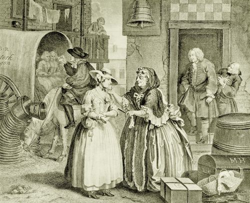 Hogarth, William: Folge »Das Leben einer Dirne«, Erstes Blatt: Ankunft in der Stadt