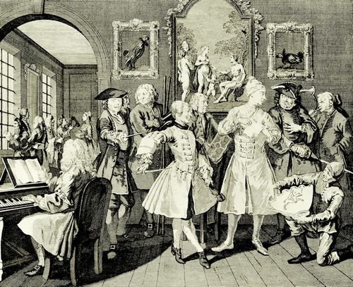 Hogarth, William: Folge »Das Leben eines W�stlings«, Zweites Blatt: Tom Rakewell, umgeben von K�nstlern und Gelehrten, erste Fassung