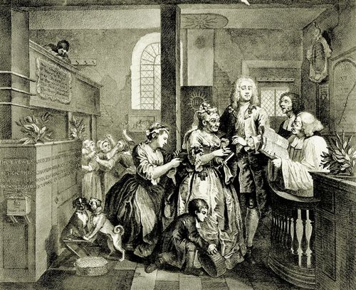 Hogarth, William: Folge »Das Leben eines W�stlings«, F�nftes Blatt: Hochzeit mit einer alten Jungfer, zweite Fassung