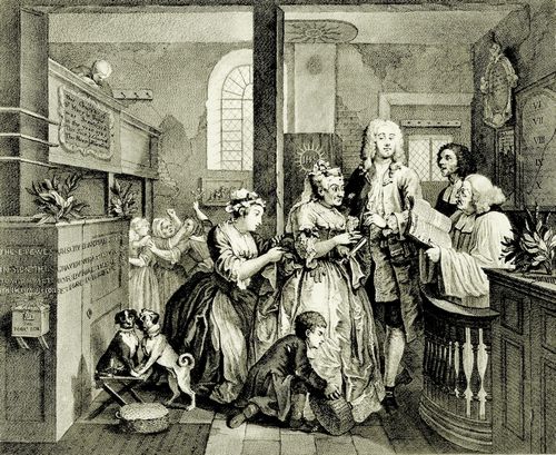 Hogarth, William: Folge »Das Leben eines W�stlings«, F�nftes Blatt: Hochzeit mit einer alten Jungfer, erste Fassung