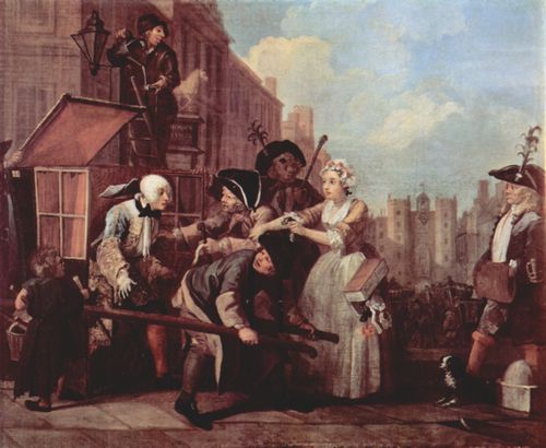 Hogarth, William: Gem�ldefolge »Der Lebensweg eines W�stlings«, Szene: Die Verhaftung wegen Diebstahls