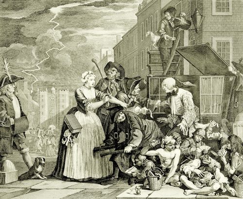 Hogarth, William: Folge »Das Leben eines W�stlings«, Viertes Blatt: Wegen Schulden verhaftet, zweite Fassung