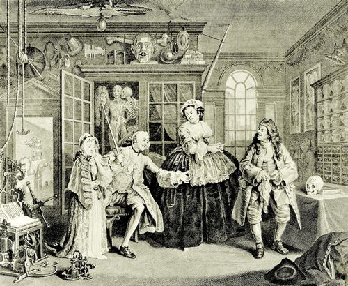 Hogarth, William: Folge »Heirat nach der Mode«, Drittes Blatt: Szene mit dem Quacksalber