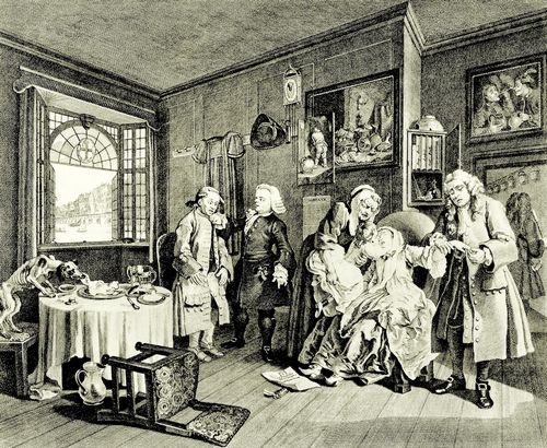 Hogarth, William: Folge »Heirat nach der Mode«, Sechstes Blatt: Der Tod der Gr�fin