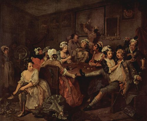 Hogarth, William: Gem�ldefolge »Der Lebensweg eines W�stlings«, Szene: Szene in einer Schenke