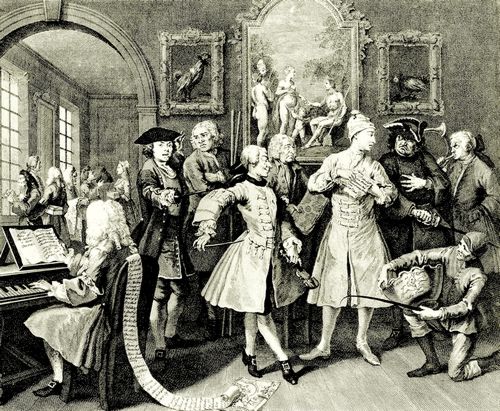 Hogarth, William: Folge »Das Leben eines W�stlings«, Zweites Blatt: Tom Rakewell, umgeben von K�nstlern und Gelehrten, zweite Fassung