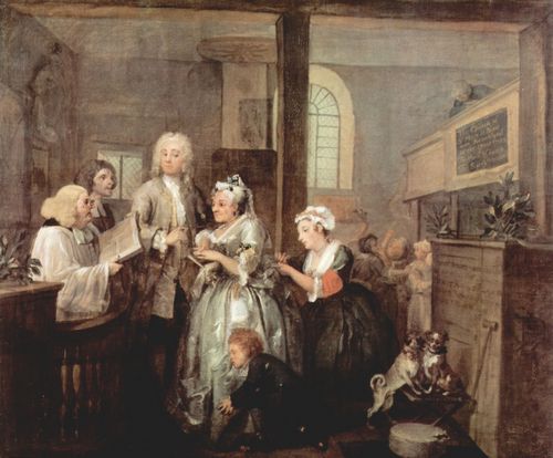 Hogarth, William: Gem�ldefolge »Der Lebensweg eines W�stlings«, Szene: Die Heirat mit einer Witwe