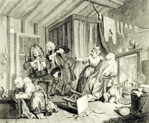 Hogarth, William: Folge »Das Leben einer Dirne«, F�nftes Blatt: Sie haucht ihren Atem aus, w�hrend sich die �rzte noch streiten