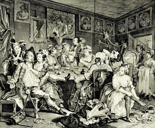 Hogarth, William: Folge »Das Leben eines W�stlings«, Drittes Blatt: Szene in der Schenke, erste Fassung