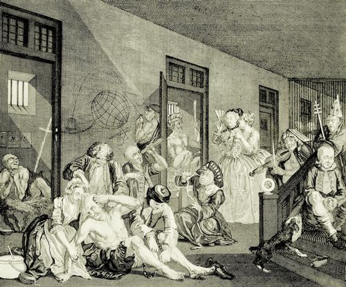 Hogarth, William: Folge »Das Leben eines W�stlings«, Achtes Blatt: Szene in einem Irrenhaus, erste Fassung