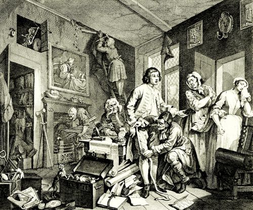 Hogarth, William: Folge »Das Leben eines W�stlings«, Erstes Blatt: Der junge Erbe ergreift Besitz von der Hinterlassenschaft des Knauserers, zweite Fassung
