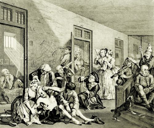 Hogarth, William: Folge »Das Leben eines W�stlings«, Achtes Blatt: Szene in einem Irrenhaus, zweite Fassung