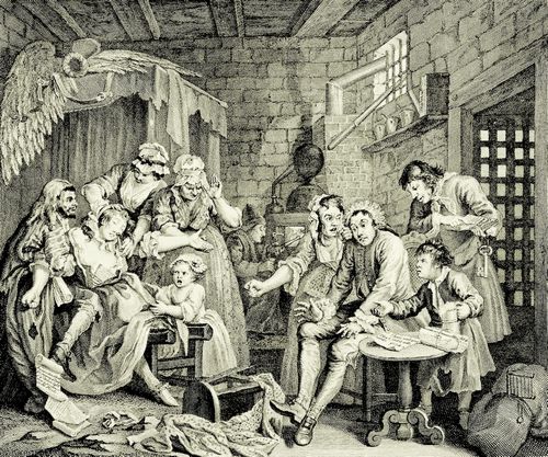Hogarth, William: Folge »Das Leben eines W�stlings«, Siebentes Blatt: Szene im Gef�ngnis, erste Fassung