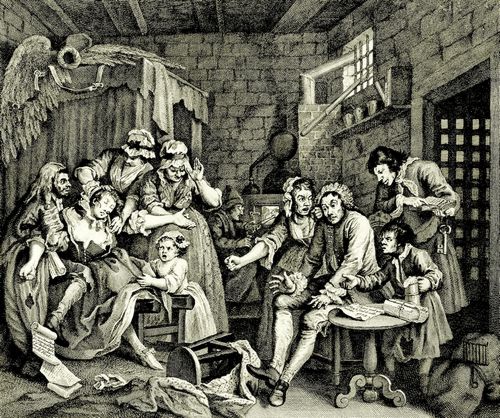 Hogarth, William: Folge »Das Leben eines W�stlings«, Siebentes Blatt: Szene im Gef�ngnis, zweite Fassung