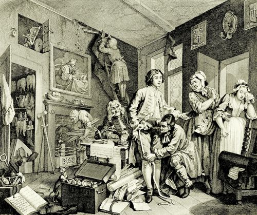 Hogarth, William: Folge »Das Leben eines W�stlings«, Erstes Blatt: Der junge Erbe ergreift Besitz von der Hinterlassenschaft des Knauserers, erste Fassung