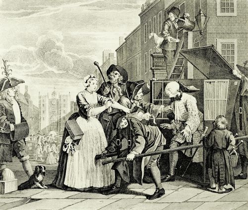 Hogarth, William: Folge »Das Leben eines W�stlings«, Viertes Blatt: Wegen Schulden verhaftet, erste Fassung