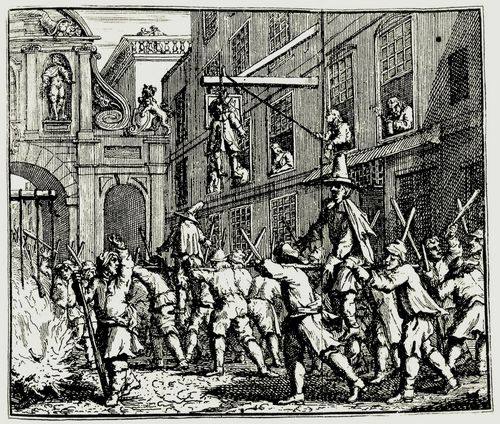Hogarth, William: Kleine Illustration zu Samuel Butlers »Hudibras«, Symbolische Verbrennung des Rumpfparlamentes vor dem Londoner Stadttor Temple Bar