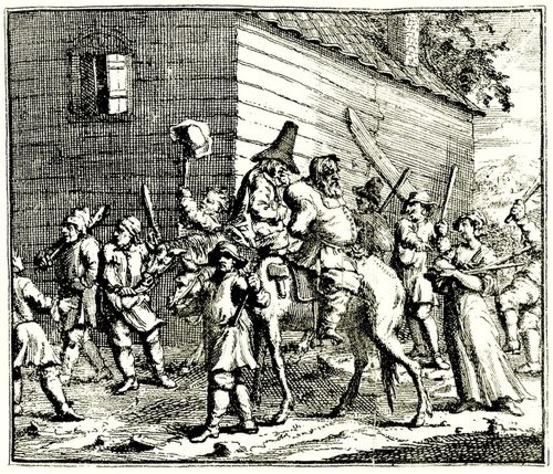 Hogarth, William: Kleine Illustration zu Samuel Butlers »Hudibras«, Hudibras und Ralpho werden zum Schraubstock gef�hrt