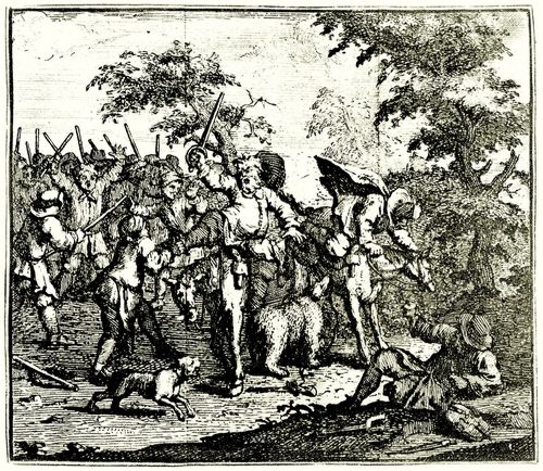 Hogarth, William: Kleine Illustration zu Samuel Butlers »Hudibras«, Hudibras k�mpft mit Talgol und Magnano