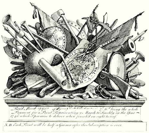 Hogarth, William: Ein Podest mit Waffen, Musikinstrumenten etc.