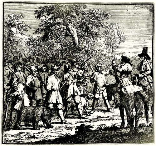 Hogarth, William: Kleine Illustration zu Samuel Butlers »Hudibras«, Hudibras besteht sein erstes Abenteuer