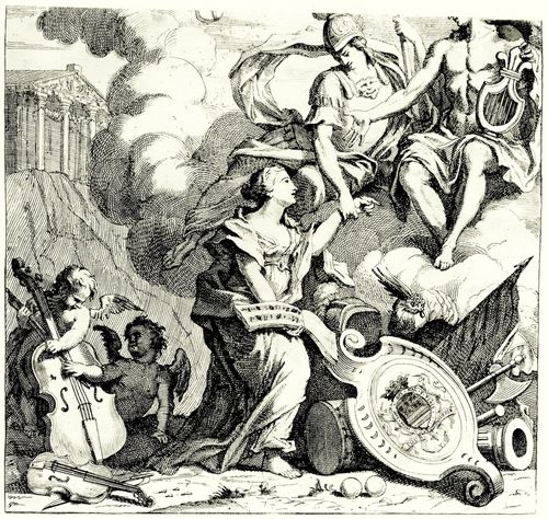 Hogarth, William: Minerva stellt dem Gott Apollo die Muse der Musik vor