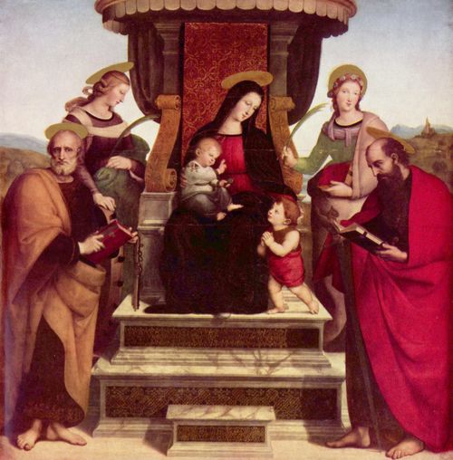 Raffael: Colonna-Altar, Haupttafel, Szene: Thronende Maria mit Christuskind, Johannes dem T�ufer als Kind, rechts: Hl. Paulus und Margaritha, links: Hl. Petrus und Hl. Katharina von Alexandrien
