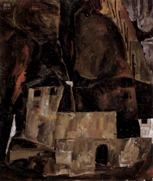 Schiele, Egon: Mauer und Haus vor h�gligem Gel�nde mit Zaun