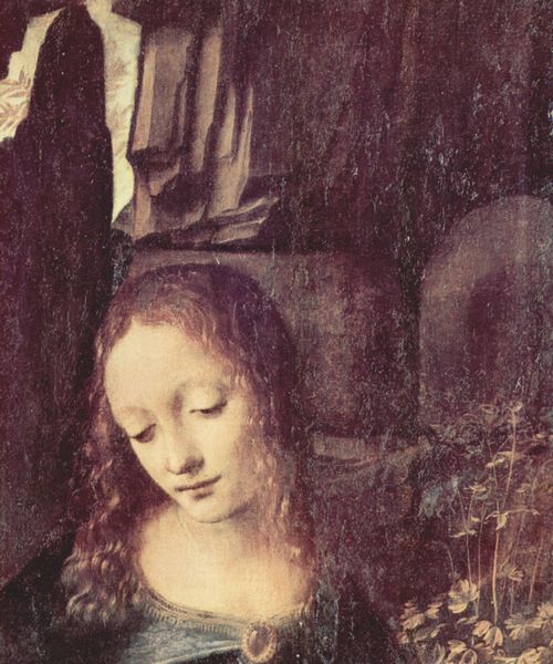 Leonardo da Vinci: Madonna in der Felsengrotte, Szene: Maria mit Christuskind, Johannes dem T�ufer als Kind und einem Engel, Detail: Kopf der Madonna