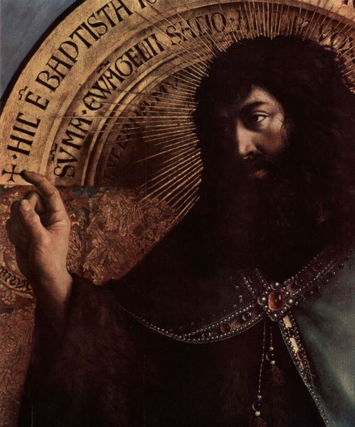 Eyck, Jan van: Genter Altar, Altar des Mystischen Lammes, obere rechte Haupttafel, Szene: Thronender Johannes der T�ufer, Detail