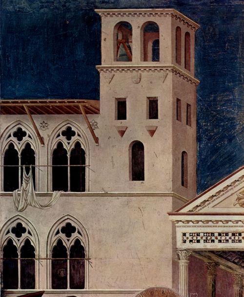 Giotto di Bondone: Fresken in der Kirche San Francesco in Assisi, Szene: B�rger von Assisi breitet seinen Mantel vor dem Hl. Franziskus aus, Detail: Architektur