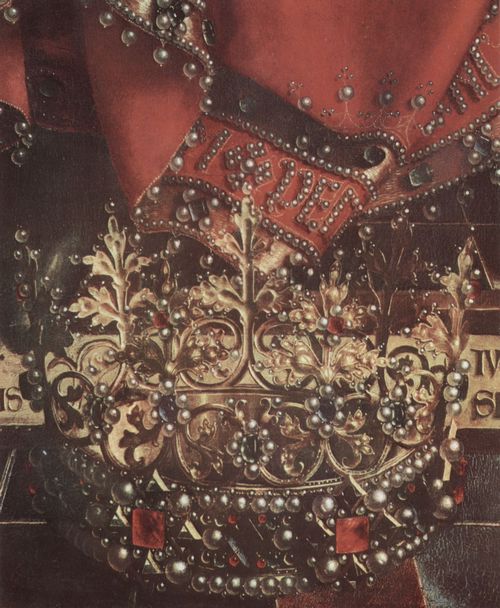 Eyck, Jan van: Genter Altar, Altar des Mystischen Lammes, obere mittlere Haupttafel, Szene: Thronender Gottvater, Detail: Krone und Gewand