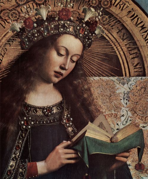 Eyck, Jan van: Genter Altar, Altar des Mystischen Lammes, obere linke Haupttafel, Szene: Thronende Maria, Detail