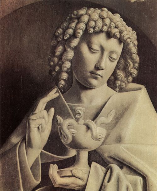 Eyck, Jan van: Genter Altar, Altar des Mystischen Lammes, rechter Au�enfl�gel, untere innere Szene: Der Hl. Johannes der Evangelist, Detail, Skulpturimmitation