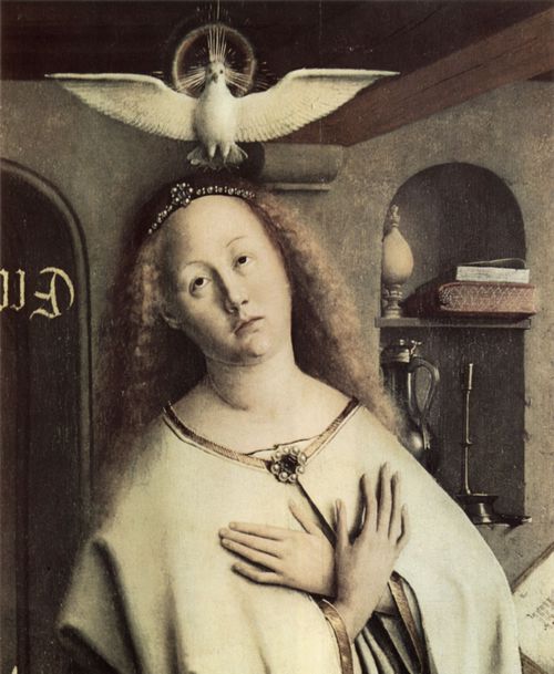 Eyck, Jan van: Genter Altar, Altar des Mystischen Lammes, Au�enseiten der Fl�gel, mittlere �u�ere Szene: Jungfrau der Verk�ndigung, Detail: Maria und Heilige Geist (Taube)