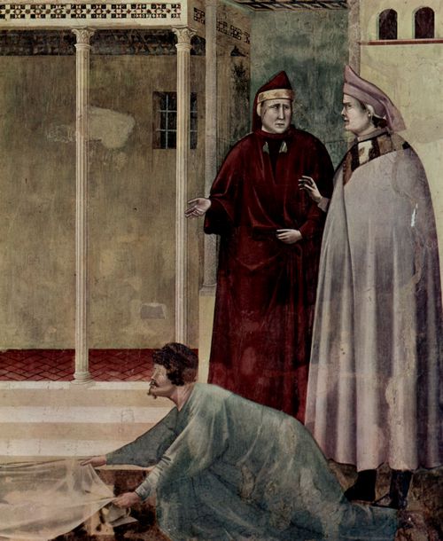 Giotto di Bondone: Fresken in der Kirche San Francesco in Assisi, Szene: B�rger von Assisi breitet seinen Mantel vor dem Hl. Franziskus aus, Detail