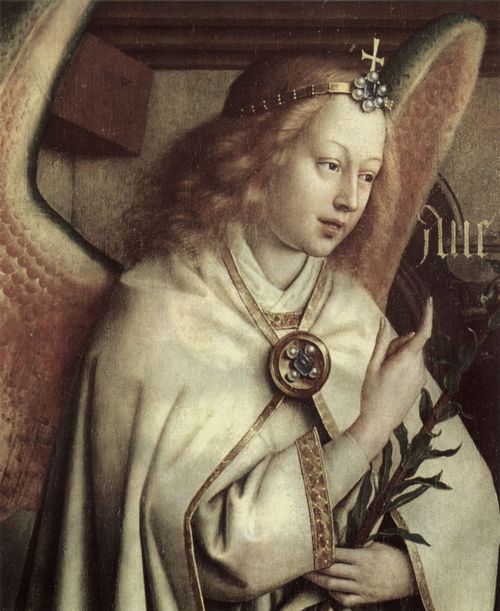 Eyck, Jan van: Genter Altar, Altar des Mystischen Lammes, linker Au�enfl�gel, mittlere �u�ere Szene: Verk�ndigungsengel, Detail: Gesicht des Engels