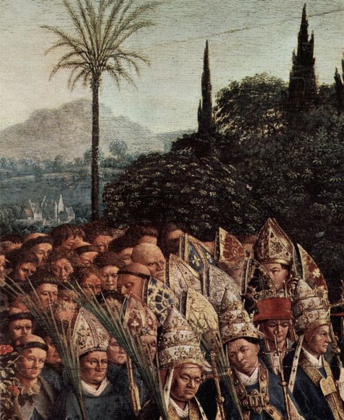Eyck, Jan van: Genter Altar, Altar des Mystischen Lammes, Haupttafel, Szene: Die Anbetung des mystischen Lammes, Detail