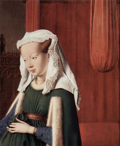 Eyck, Jan van: Arnolfini-Hochzeit, Hochzeitsbild des Giovanni Arnolfini und seine Frau Giovanna Cenami, Detail: Giovanna Cenami