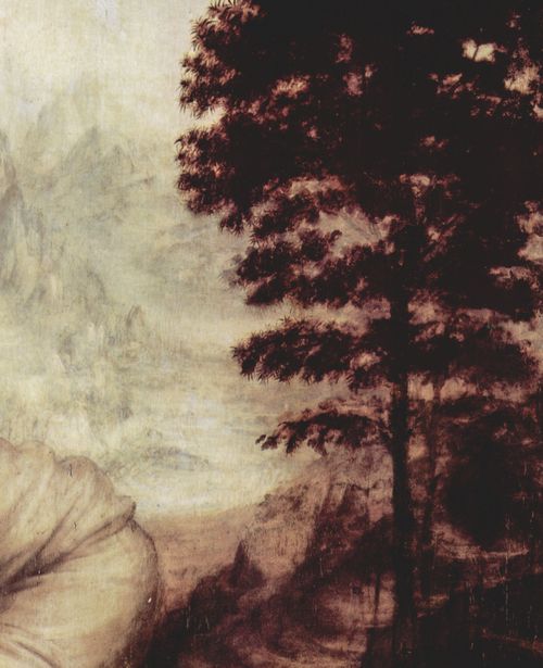 Leonardo da Vinci: Hl. Anna selbdritt, Szene: Hl. Anna, Maria, Christuskind mit Lamm, Detail: Landschaft
